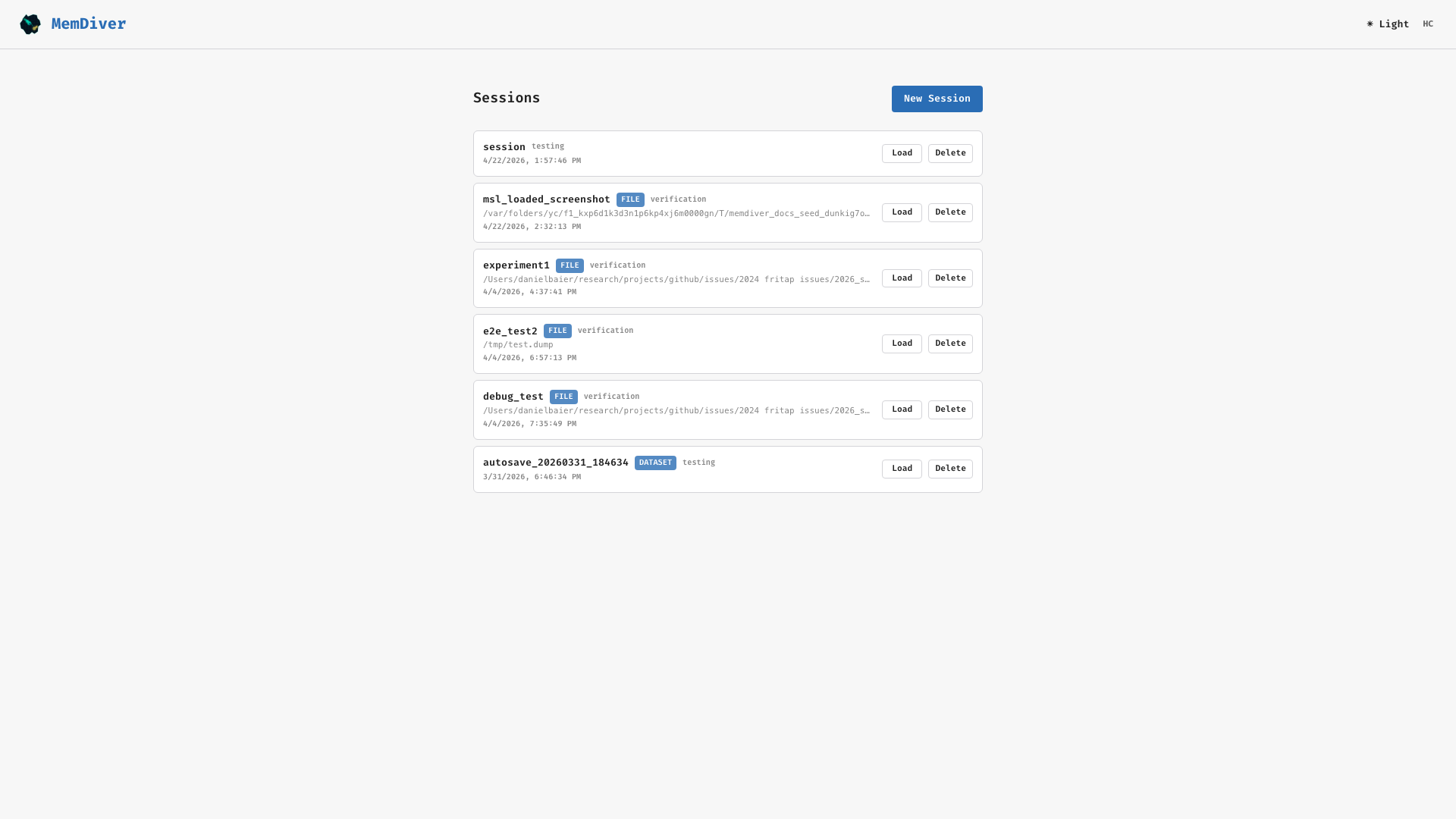 MemDiver session landing page, listing previously saved analysis sessions