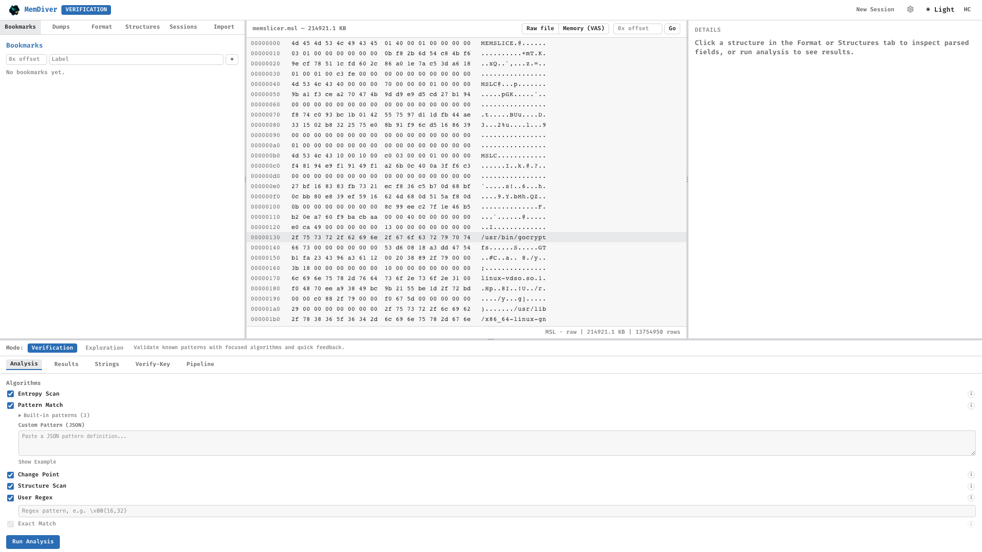 MemDiver workspace in dark theme, showing hex viewer, sidebar, and bottom analysis panel