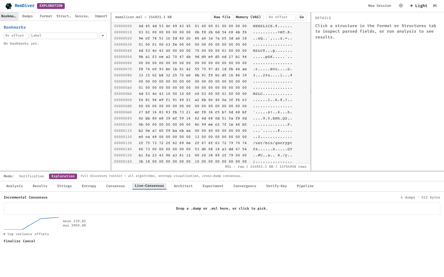Consensus view — stacked bars showing per-byte classification counts across N dumps
