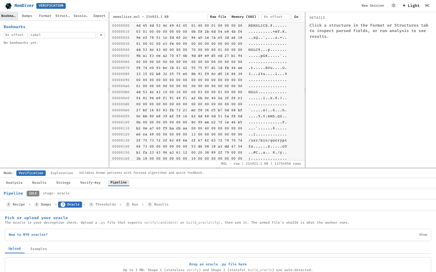 Pipeline oracle-stage wizard showing uploaded decryption oracle with dry-run status