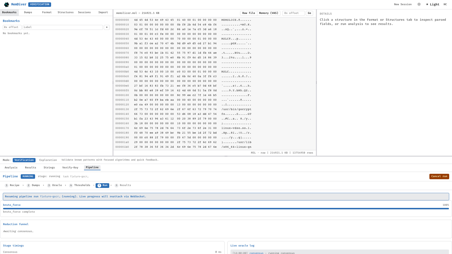 Live pipeline run dashboard with funnel chart, stage timings, and live oracle log